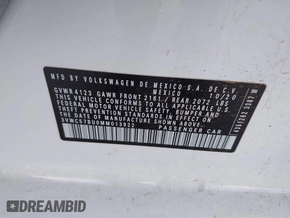 2021 Volkswagen Jetta S with VIN 3VWC57BU0MM013922, listed as a IAAI auction lot 42270877 with 36,741 mi miles and . Bid and sale history available at DreamBid. Image 9.