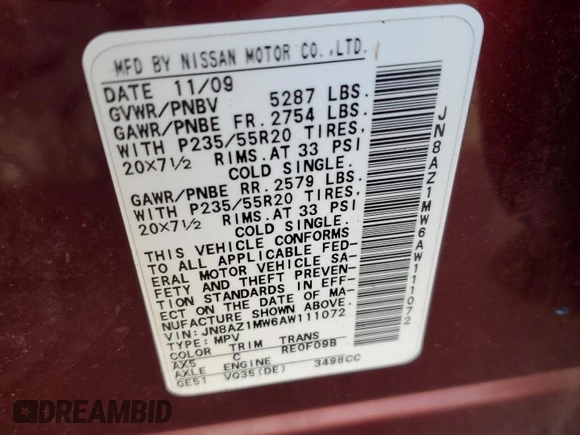 2010 Nissan Murano SL z VIN JN8AZ1MW6AW111072, wystawiony jako Copart lot #60704605 z przebiegiem 193 139 mil mil oraz Czysty tytuł • Clean title. Historia ofert i sprzedaży dostępna na DreamBid. Obrazek 12.
