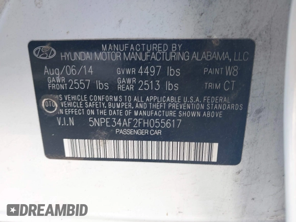 2015 Hyundai Sonata Limited with VIN 5NPE34AF2FH055617, listed as a IAAI auction lot 41977619 with 139,365 mi miles and . Bid and sale history available at carsss.com. Image 9.