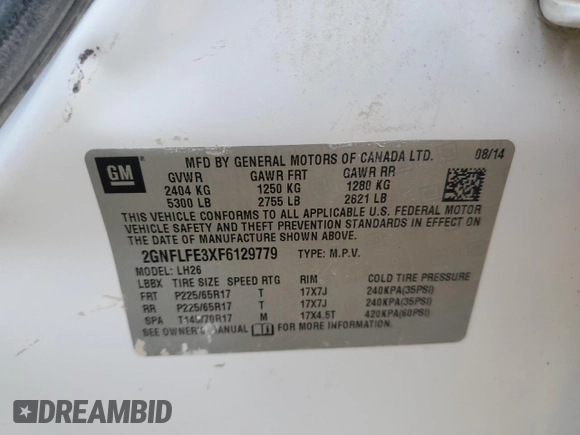 2015 Chevrolet Equinox LT with VIN 2GNFLFE3XF6129779, listed as a Copart auction lot 72078264 with 123,835 mi miles and Salvage Title. Bid and sale history available at DreamBid. Image 14.