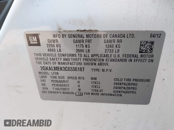 2012 GMC Terrain SLE-1 with VIN 2GKALMEK3C6336187, listed as a IAAI auction lot 41893749 with 196,652 mi miles and . Bid and sale history available at carsss.com. Image 9.