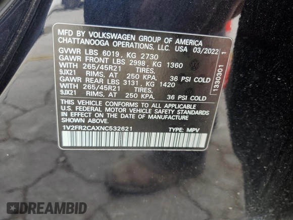 2022 Volkswagen Atlas SEL Premium R-Line with VIN 1V2FR2CAXNC532621, listed as a Copart auction lot 55081255 with 96,104 mi miles and Salvage title. Bid and sale history available at DreamBid. Image 13.