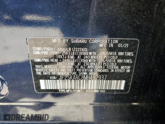 2021 Subaru Forester Sport with VIN JF2SKARC8MH492937, listed as a Copart auction lot 50206965 with 32,466 mi miles and Salvage Title. Bid and sale history available at carsss.com. Image 13.