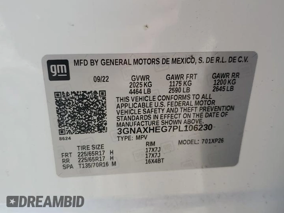 2023 Chevrolet Equinox LS z VIN 3GNAXHEG7PL106230, wystawiony jako Copart lot #53907305 z przebiegiem 57 862 mil mil oraz Szkoda całkowita • Salvage title. Historia ofert i sprzedaży dostępna na DreamBid. Obrazek 13.