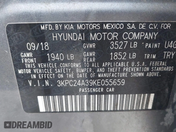 2019 Hyundai Accent SE with VIN 3KPC24A39KE055659, listed as a IAAI auction lot 41048549 with 57,101 mi miles. Bid and sale history available at carsss.com. Image 9.
