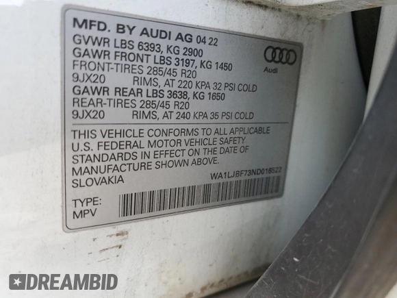 2022 Audi Q7 Premium Plus with VIN WA1LJBF73ND016522, listed as a Copart auction lot 47744775 with 42,778 mi miles and Salvage title. Bid and sale history available at DreamBid. Image 13.