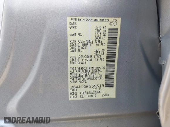 2017 Nissan Titan SV z VIN 1N6AA1EJ0HN559519, wystawiony jako IAAI lot #41798623 z przebiegiem 116 292 mil mil oraz . Historia ofert i sprzedaży dostępna na DreamBid. Obrazek 9.