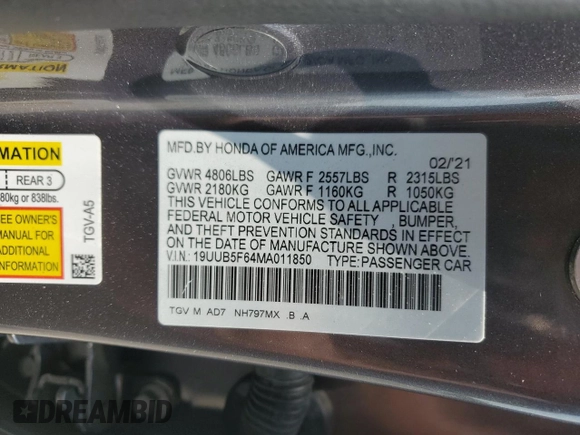 2021 Acura TLX Advance with VIN 19UUB5F64MA011850, listed as a Copart auction lot 59202205 with Not provided miles and Salvage title. Bid and sale history available at DreamBid. Image 12.