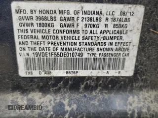 2013 Acura ILX Premium Pkg with VIN 19VDE1F55DE010749, listed as a Copart auction lot 55401485 with 162,966 mi miles and Salvage Title. Bid and sale history available at carsss.com. Image 12.