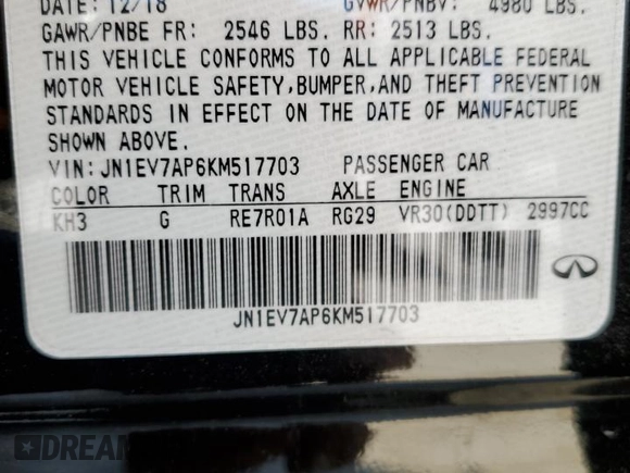 2019 Infiniti Q50 Luxe with VIN JN1EV7AP6KM517703, listed as a Copart auction lot 44838445 with 68,582 mi miles and Clean title. Bid and sale history available at DreamBid. Image 13.
