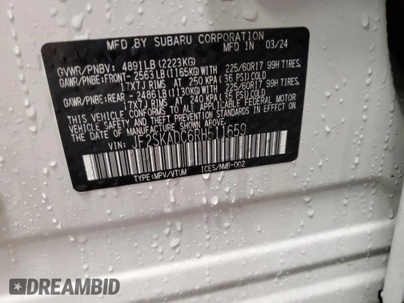 2024 Subaru Forester Premium z VIN JF2SKADC6RH511659, wystawiony jako Copart lot #55260975 z przebiegiem 10 445 mil mil oraz Szkoda całkowita • Salvage title. Historia ofert i sprzedaży dostępna na DreamBid. Obrazek 14.