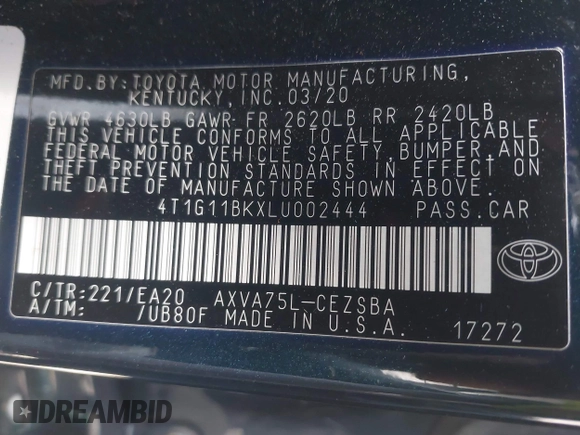 2020 Toyota Camry SE z VIN 4T1G11BKXLU002444, wystawiony jako IAAI lot #41948501 z przebiegiem 53 902 mil mil oraz . Historia ofert i sprzedaży dostępna na DreamBid. Obrazek 9.