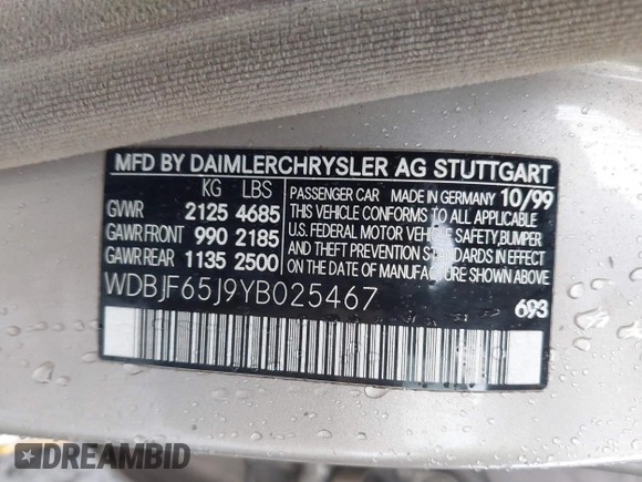 2000 Mercedes-Benz E 320 with VIN WDBJF65J9YB025467, listed as a IAAI auction lot 41975774 with Not Provided miles and . Bid and sale history available at DreamBid. Image 9.