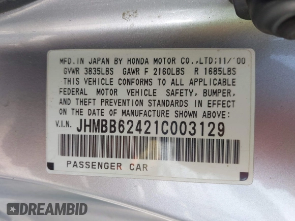 2001 Honda Prelude with VIN JHMBB62421C003129, listed as a IAAI auction lot 41989431 with 225,130 mi miles and . Bid and sale history available at DreamBid. Image 9.
