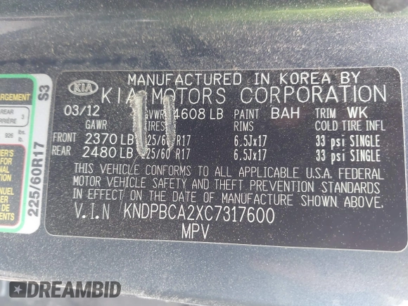 2012 Kia Sportage LX с VIN KNDPBCA2XC7317600, выставлен на аукционе IAAI как лот 42433336 с пробегом 112 838 миль миль и . История ставок и продаж доступна на DreamBid. Изображение 9.