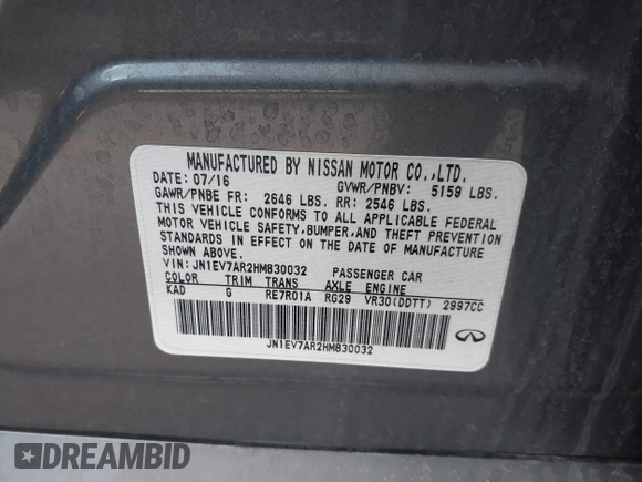 2017 Infiniti Q50 Premium with VIN JN1EV7AR2HM830032, listed as a IAAI auction lot 40777161 with 104,834 mi miles and . Bid and sale history available at DreamBid. Image 9.