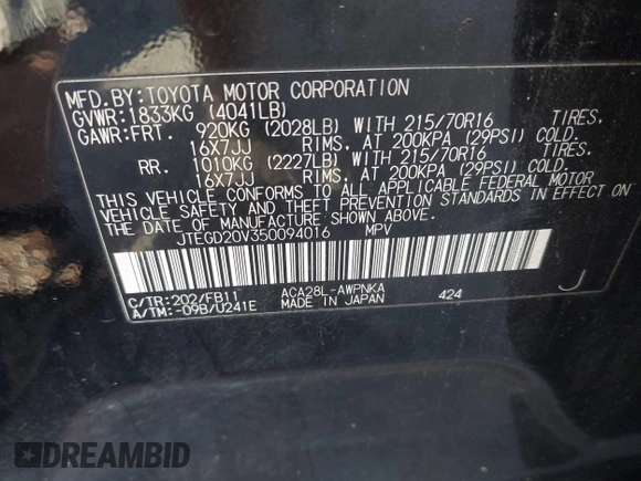 2005 Toyota RAV4 with VIN JTEGD20V350094016, listed as a IAAI auction lot 42219364 with 201,027 mi miles and . Bid and sale history available at DreamBid. Image 9.