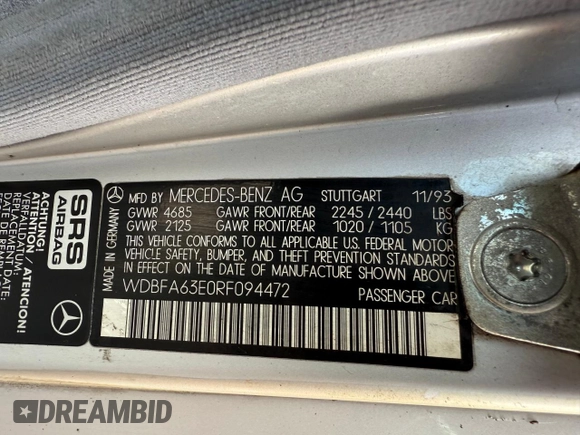 1994 Mercedes-Benz SL with VIN WDBFA63E0RF094472, listed as a Copart auction lot 58923925 with 55,706 mi miles and Clean title. Bid and sale history available at DreamBid. Image 10.
