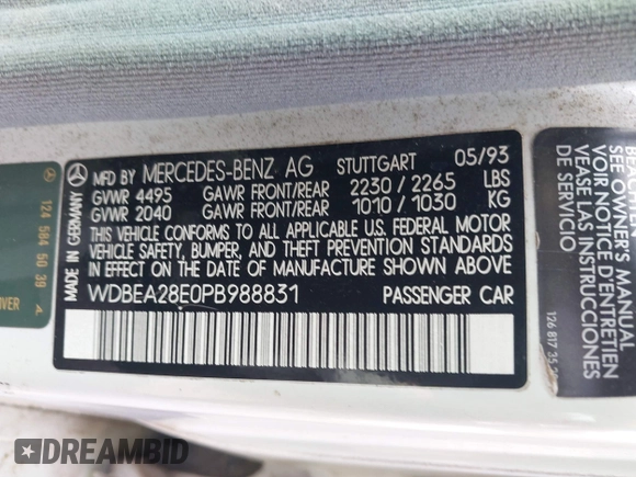1993 Mercedes-Benz 300 with VIN WDBEA28E0PB988831, listed as a IAAI auction lot 41790609 with 197,915 mi miles and . Bid and sale history available at DreamBid. Image 9.