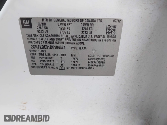 2013 Chevrolet Equinox LT with VIN 2GNFLDE31D6104321, listed as a IAAI auction lot 41491714 with 67,902 mi miles and . Bid and sale history available at DreamBid. Image 9.