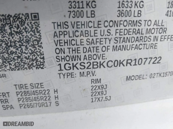 2019 GMC Yukon SLT with VIN 1GKS2BKC0KR107722, listed as a IAAI auction lot 41663341 with 111,782 mi miles. Bid and sale history available at carsss.com. Image 9.