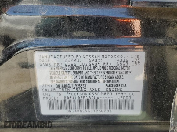 2020 Nissan Sentra SV with VIN 3N1AB8CV1LY256231, listed as a Copart auction lot 52805675 with 107,882 mi miles and Salvage Title. Bid and sale history available at carsss.com. Image 12.