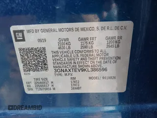 2019 Chevrolet Equinox LT with VIN 3GNAXTEV9KL386596, listed as a IAAI auction lot 41953109 with Not Provided miles and . Bid and sale history available at DreamBid. Image 9.