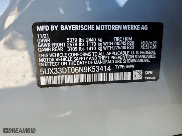 2022 BMW X4 xDrive30i with VIN 5UX33DT06N9K53414, listed as a Copart auction lot 49533095 with 0 mi miles and Salvage Title. Bid and sale history available at carsss.com. Image 15.