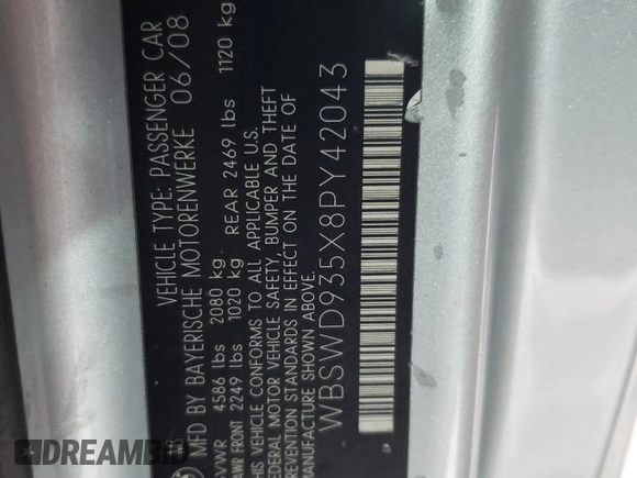 2008 BMW 3 Series M3 with VIN WBSWD935X8PY42043, listed as a Copart auction lot 44298135 with Not provided miles and Salvage title. Bid and sale history available at DreamBid. Image 13.