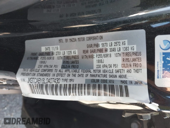 2020 Mazda CX-9 Sport with VIN JM3TCABY8L0407430, listed as a IAAI auction lot 42288490 with 50,317 mi miles and . Bid and sale history available at DreamBid. Image 9.