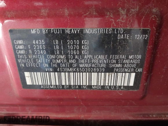 2013 Subaru Legacy Limited with VIN 4S3BMBK65D3028939, listed as a IAAI auction lot 41224299 with 260,224 mi miles and . Bid and sale history available at DreamBid. Image 9.