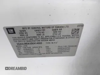 2013 GMC Terrain SLE with VIN 2GKALMEK0D6414992, listed as a IAAI auction lot 42607791 with 183,002 mi miles and . Bid and sale history available at DreamBid. Image 9.