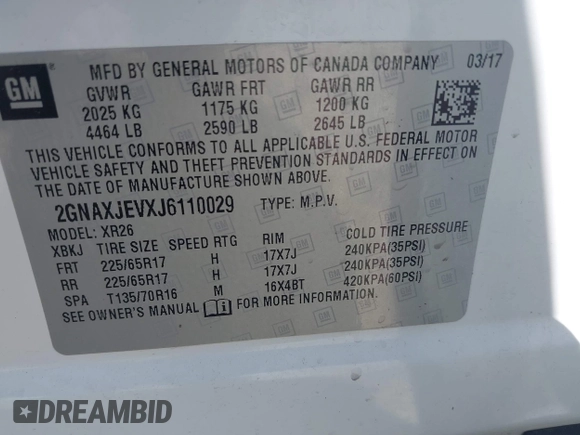 2018 Chevrolet Equinox LT with VIN 2GNAXJEVXJ6110029, listed as a IAAI auction lot 42075175 with 72,200 mi miles and . Bid and sale history available at DreamBid. Image 9.