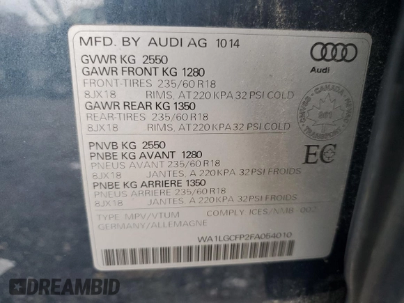 2015 Audi Q5 z VIN WA1LGCFP2FA054010, wystawiony jako Copart lot #69423414 z przebiegiem 136 734 mil mil oraz Szkoda całkowita • Salvage title. Historia ofert i sprzedaży dostępna na DreamBid. Obrazek 14.