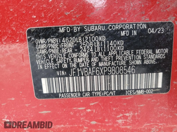 2023 Subaru WRX Premium with VIN JF1VBAF6XP9808546, listed as a Copart auction lot 43581465 with 24,910 mi miles and Salvage Title. Bid and sale history available at carsss.com. Image 15.