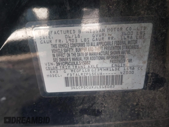 2018 Nissan Kicks S with VIN 3N1CP5CUXJL515082, listed as a IAAI auction lot 41838038 with 103,562 mi miles and . Bid and sale history available at DreamBid. Image 9.