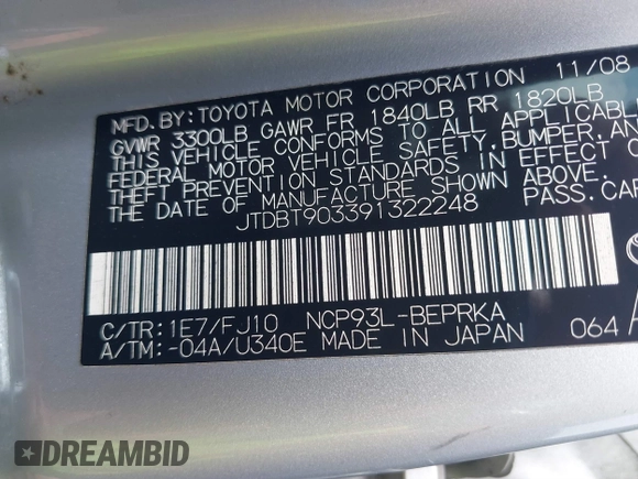 2009 Toyota Yaris with VIN JTDBT903391322248, listed as a IAAI auction lot 40112165 with 193,625 mi miles. Bid and sale history available at carsss.com. Image 9.