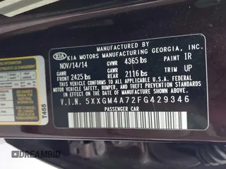 2015 Kia Optima LX with VIN 5XXGM4A72FG429346, listed as a IAAI auction lot 42638168 with 153,069 mi miles and . Bid and sale history available at DreamBid. Image 9.