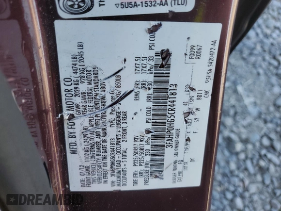 2012 Ford Fusion SE with VIN 3FAHP0HG5CR441813, listed as a Copart auction lot 57835195 with 143,916 mi miles and Salvage title. Bid and sale history available at DreamBid. Image 12.