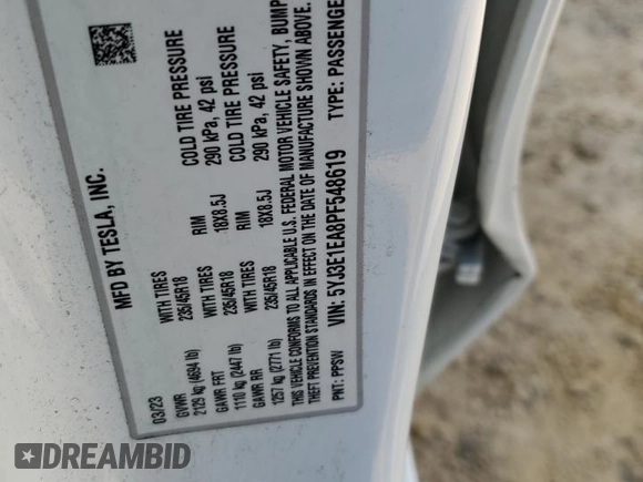 2023 Tesla Model 3 с VIN 5YJ3E1EA8PF548619, выставлен на аукционе Copart как лот 58757505 с пробегом 48 719 миль миль и Списание • Salvage title. История ставок и продаж доступна на DreamBid. Изображение 12.