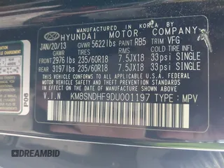 2013 Hyundai Santa Fe GLS z VIN KM8SNDHF9DU001197, wystawiony jako IAAI lot #42338652 z przebiegiem 109 683 mil mil oraz . Historia ofert i sprzedaży dostępna na DreamBid. Obrazek 9.