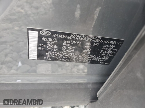 2023 Hyundai Santa Fe SEL z VIN 5NMS2DAJ5PH570703, wystawiony jako Copart lot #58225715 z przebiegiem 47 136 mil mil oraz Nie do naprawy • Non repairable. Historia ofert i sprzedaży dostępna na DreamBid. Obrazek 14.