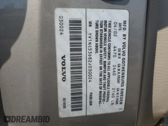 2002 Volvo C70 с VIN YV1NC53D82J030024, выставлен на аукционе Copart как лот 59295205 с пробегом 103 512 миль миль и Чистый • Clean title. История ставок и продаж доступна на DreamBid. Изображение 12.