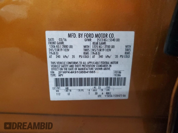 2016 Ford Edge Titanium with VIN 2FMPK4K91GBB41885, listed as a Copart auction lot 55491145 with 180,554 mi miles and Non Repairable. Bid and sale history available at DreamBid. Image 12.