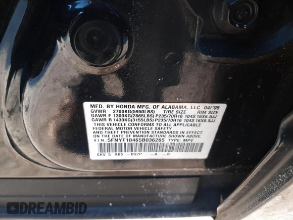 2005 Honda Pilot EX with VIN 5FNYF18465B036265, listed as a Copart auction lot 42185075 with 219,383 mi miles and Non Repairable. Bid and sale history available at DreamBid. Image 13.