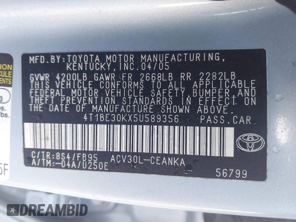 2005 Toyota Camry LE with VIN 4T1BE30KX5U589356, listed as a IAAI auction lot 42471176 with 142,153 mi miles and . Bid and sale history available at DreamBid. Image 9.