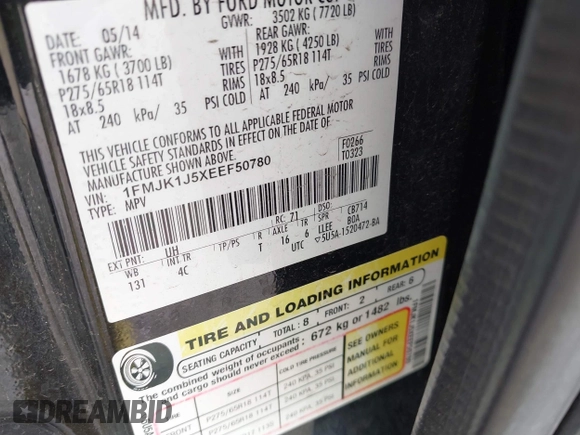 2014 Ford Expedition Max XLT with VIN 1FMJK1J5XEEF50780, listed as a IAAI auction lot 42191286 with 213,433 mi miles and . Bid and sale history available at DreamBid. Image 9.