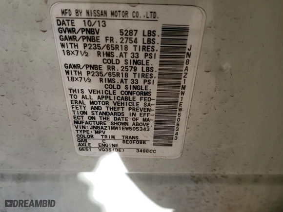 2014 Nissan Murano SV with VIN JN8AZ1MW1EW505343, listed as a Copart auction lot 42640715 with 186,400 mi miles and Salvage Title. Bid and sale history available at carsss.com. Image 14.
