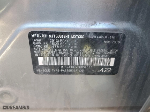 2020 Mitsubishi Mirage ES with VIN ML32A3HJXLH002822, listed as a Copart auction lot 48404015 with 68,876 mi miles and Salvage Title. Bid and sale history available at carsss.com. Image 12.