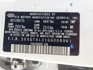 2016 Kia Optima LX with VIN 5XXGT4L31GG008961, listed as a IAAI auction lot 42148050 with 184,465 mi miles. Bid and sale history available at carsss.com. Image 9.